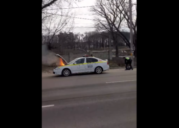 O mașină de poliție a luat foc în plină stradă la Peresecina
