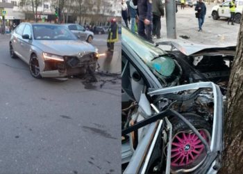 Momentul în care șoferul BMW-ului ce s-a lovit violent cu o Skoda, apoi s-a izbit în copac este scos dintre fiare de salvatori