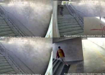 S-au strecurat printre scânduri și au mâzgălit pereții: Momentul în care trei tineri vandalizează o subterană, aflată în reparație