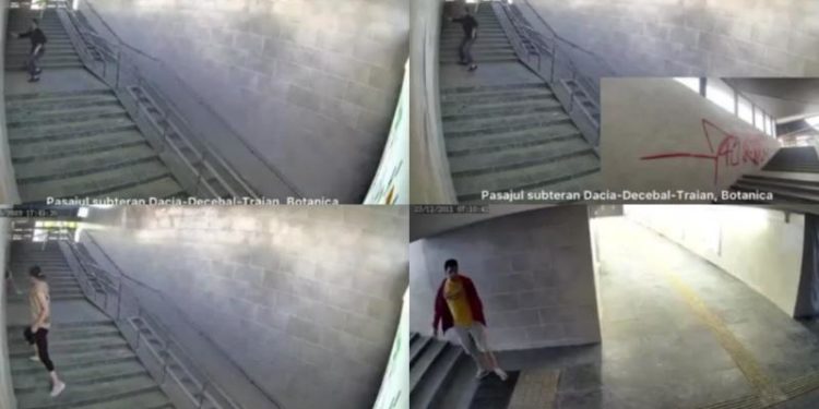 S-au strecurat printre scânduri și au mâzgălit pereții: Momentul în care trei tineri vandalizează o subterană, aflată în reparație