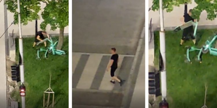 STOP CADRU Un individ a fost surprins cum „se răzbună” pe trotinete electrice, în Capitală