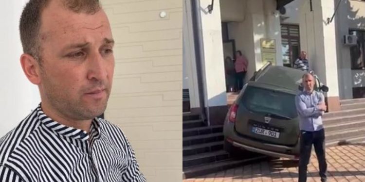 „E greu, toți banii pe care-i fac, îi bag în transport”. Cum își explică gestul șoferul care a urcat cu mașina pe treptele Primăriei Hîncești | VIDEO