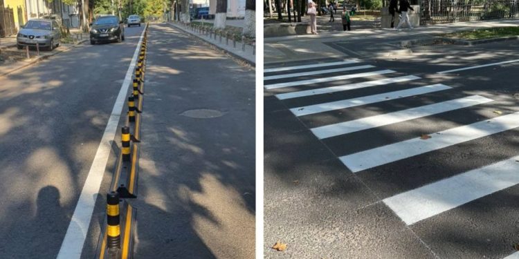 Delimitatoare pentru pista de cicliști – montate pe o stradă din Chișinău Mașinile vor circula doar pe o bandă
