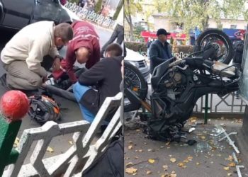 I-a zburat motocicleta peste gard: Bărbatul de la ghidon, preluat de o ambulanță, după ce s-a lovit cu un Audi | VIDEO