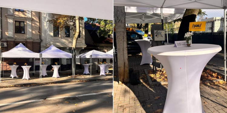 Mese ca de sărbătoare au fost instalate astăzi în fața sediului PAS. Fost șef al CEC: Ce faci când ai de acoperit un rateu major? Organizezi sărbătoare pe trotuarul renovat de oponentul tău | VIDEO